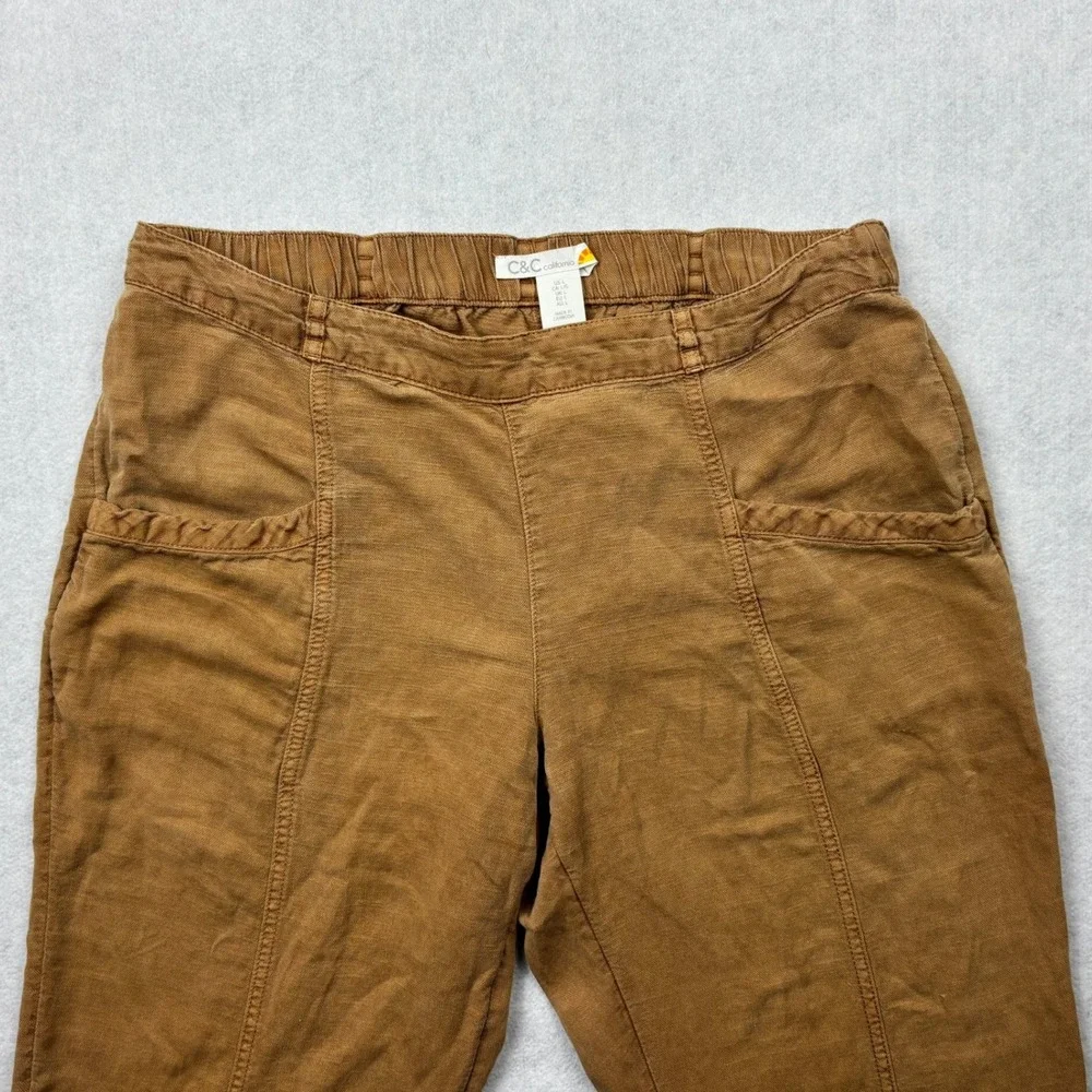 CC California Womens Large Brown Linen Blend Elastic Waist Tapered Ankle Pants